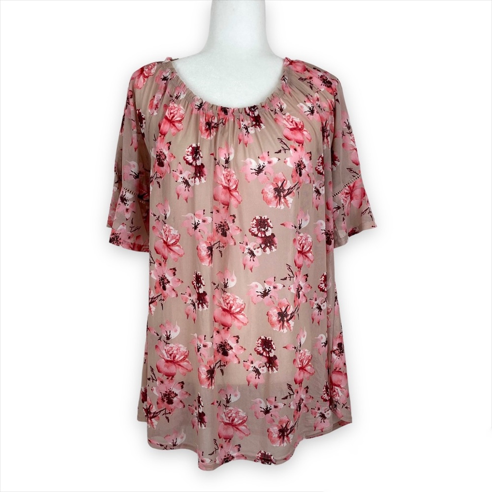 VTG Y2K Siren Lily Pink Floral Blouse with Lace Sleeves L